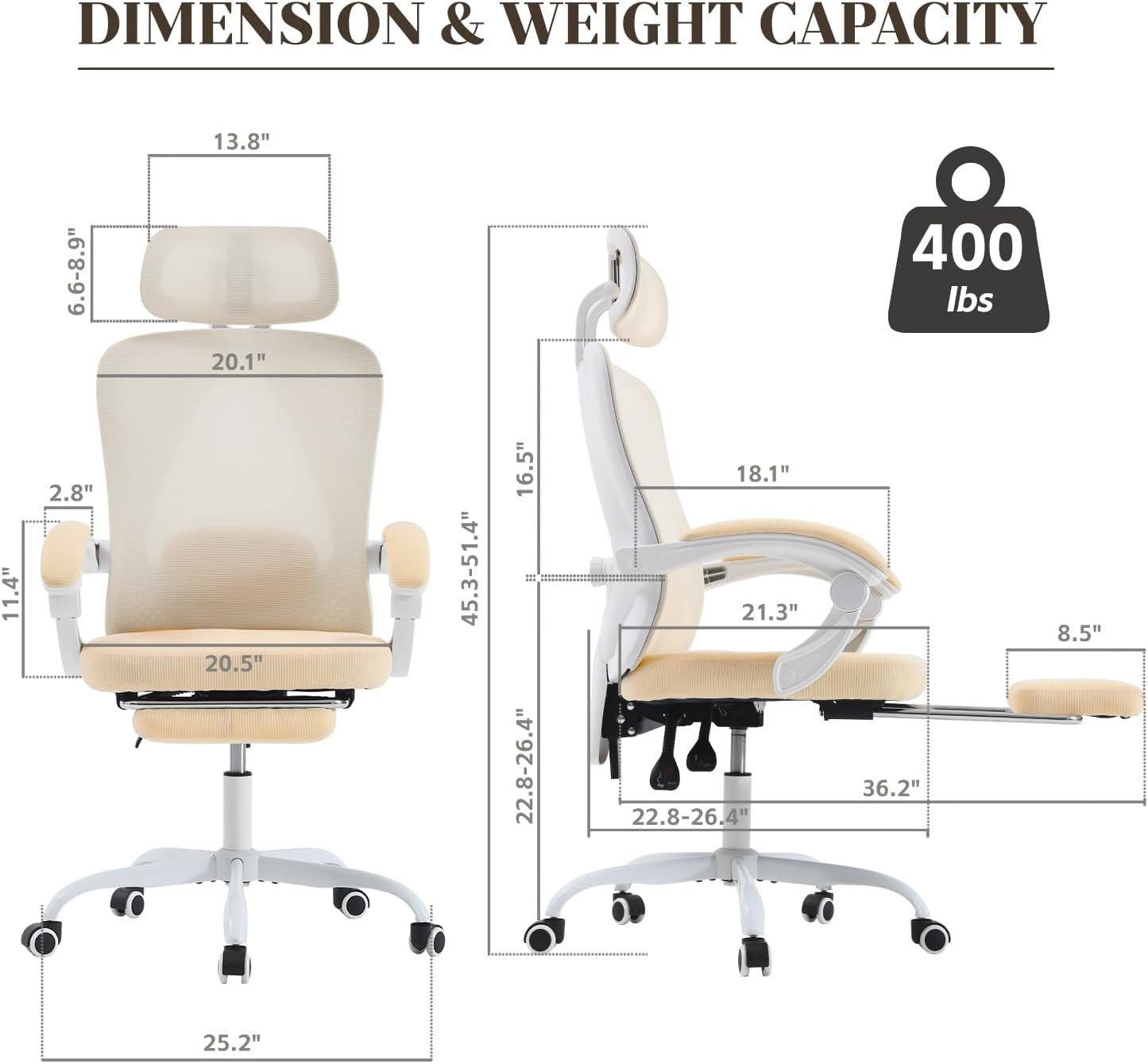 Ergonomic Office Chair with Retractable Footrest, 400LBS Capacity,Synchronized Armrest, Breathable Mesh, Adjustable Lumbar Support